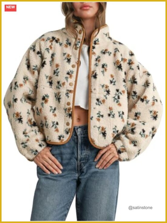 Jackets & Blazers - Womens Florals Print Fuzzy Faux Fur Teddy Jacket Snap Button Winter Coat